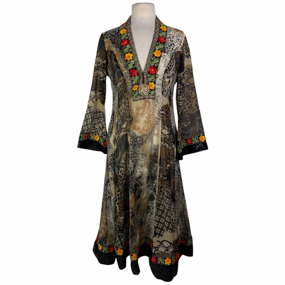 STUNNING Boho Embroidered Animal Print Kaftan Bell Sleeve Maxi Dress Small